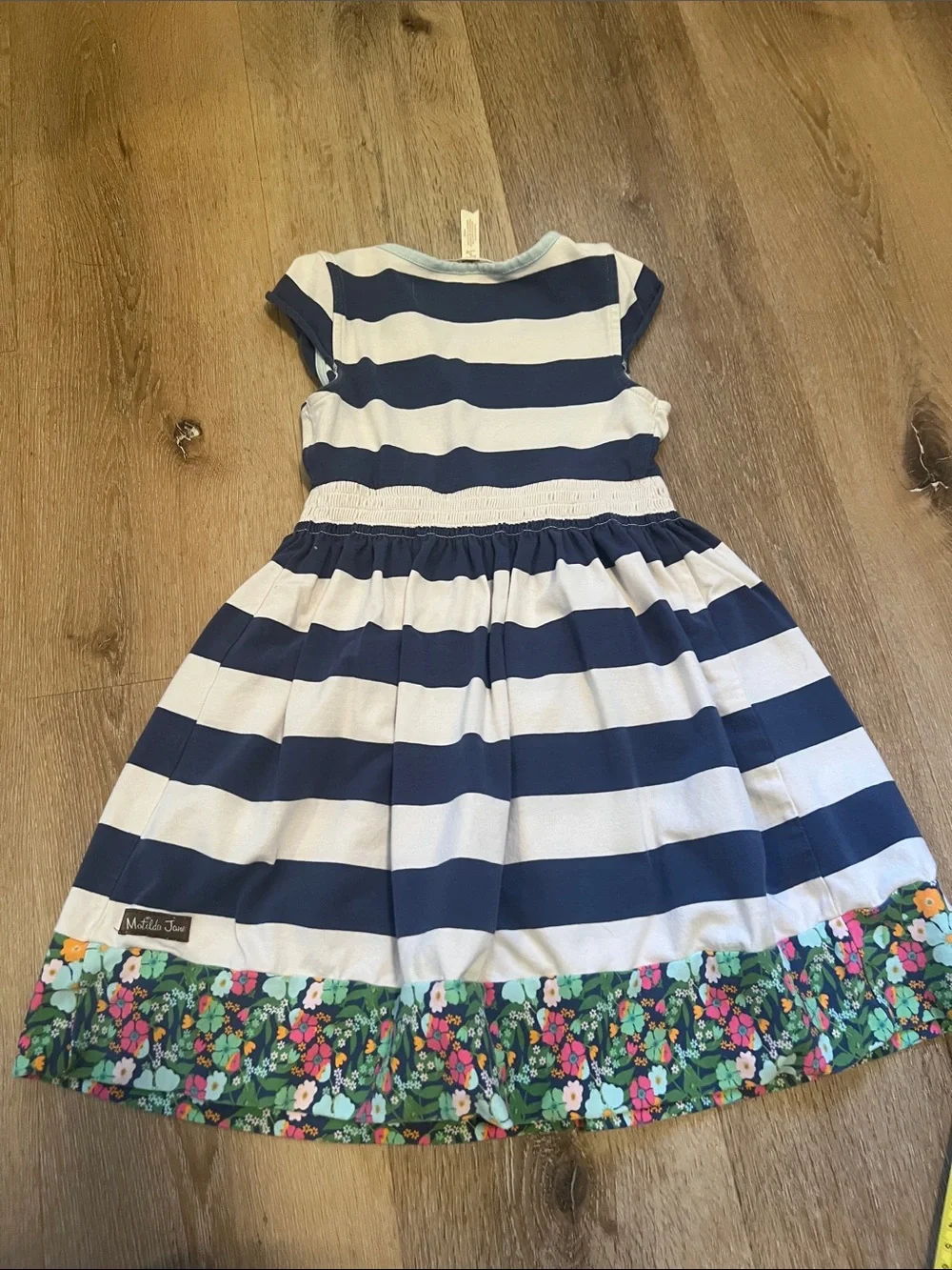 Matilda Jane Size 6 Girls Navy and White Striped Dress with Floral Hem